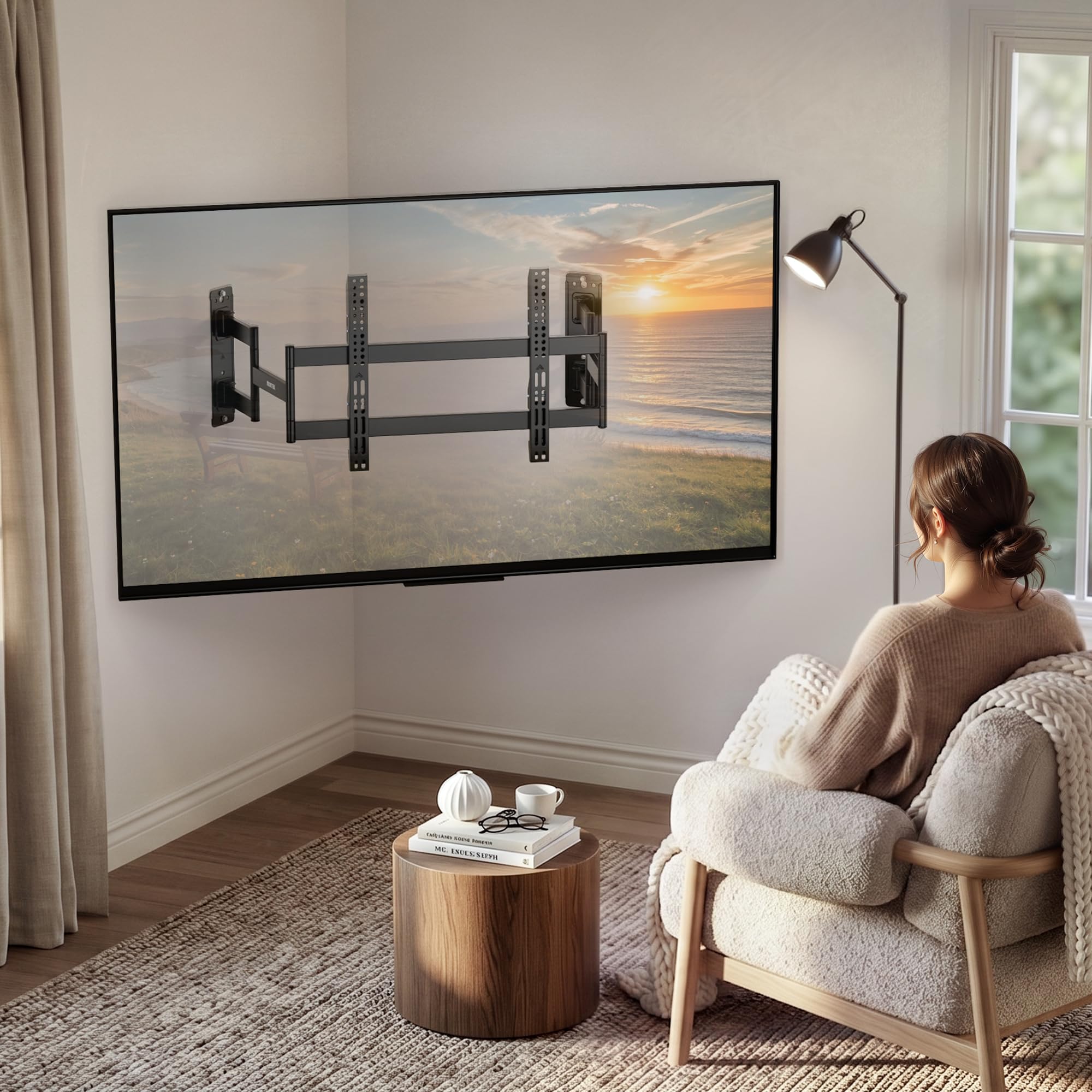 monTEK Soporte de pared de esquina de movimiento completo para televisores LCD LED de 55 a 90 pulgadas, soportes de pared resistentes con capacidad de peso de 175 libras, brazo de pared doble perfecto