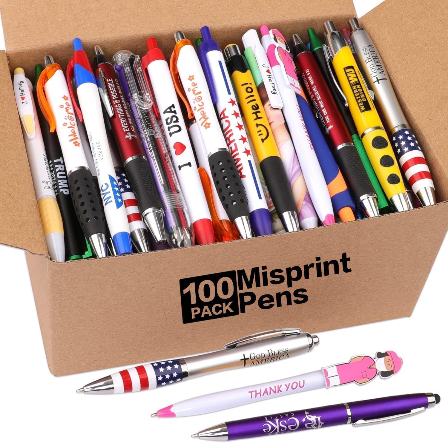 Sikao Wholesale Lot of 100 Misprint Pens Bulk, Assorted Ballpoint Pens Smooth Writing, Blue Black ink Misprinted Random Pens for Waitress Server Office School