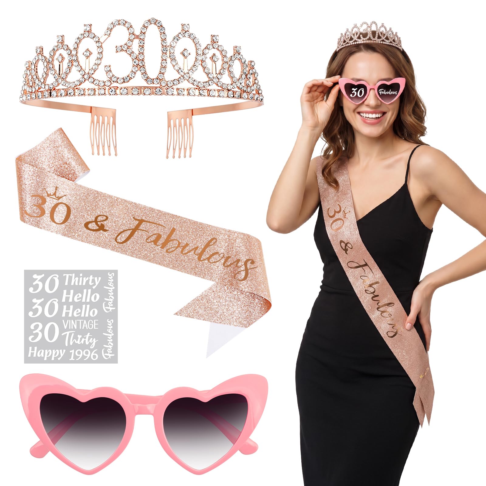 3Pcs 30th Birthday Party Accessories for Women, Crown Sash Sunglasses Set