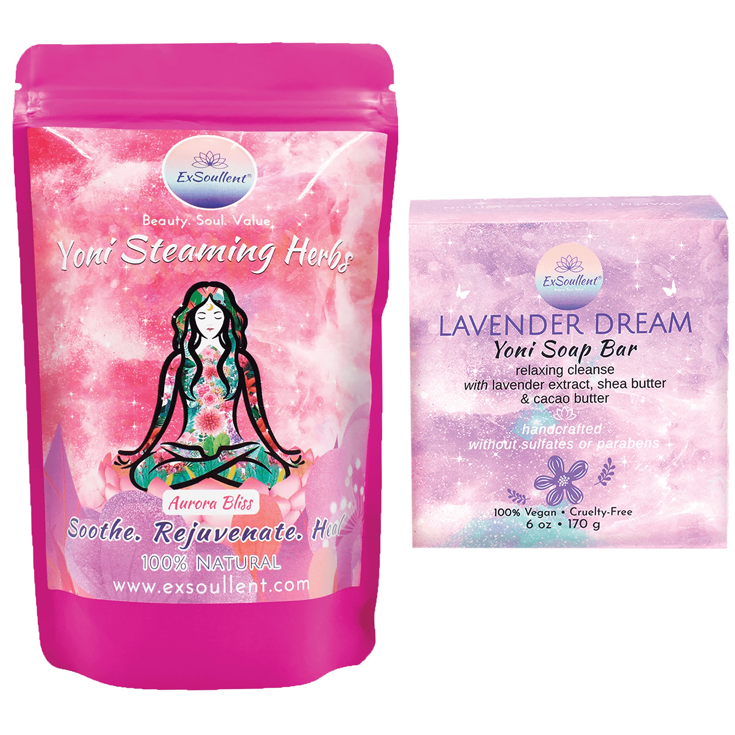 Aurora Bliss V Steam & Lavender Soap Bundle - Handmade Yoni Soap and Yoni Cleansing Herb Blend 2 OZ | Soothe. Rejuvenate. Heal. Refresh