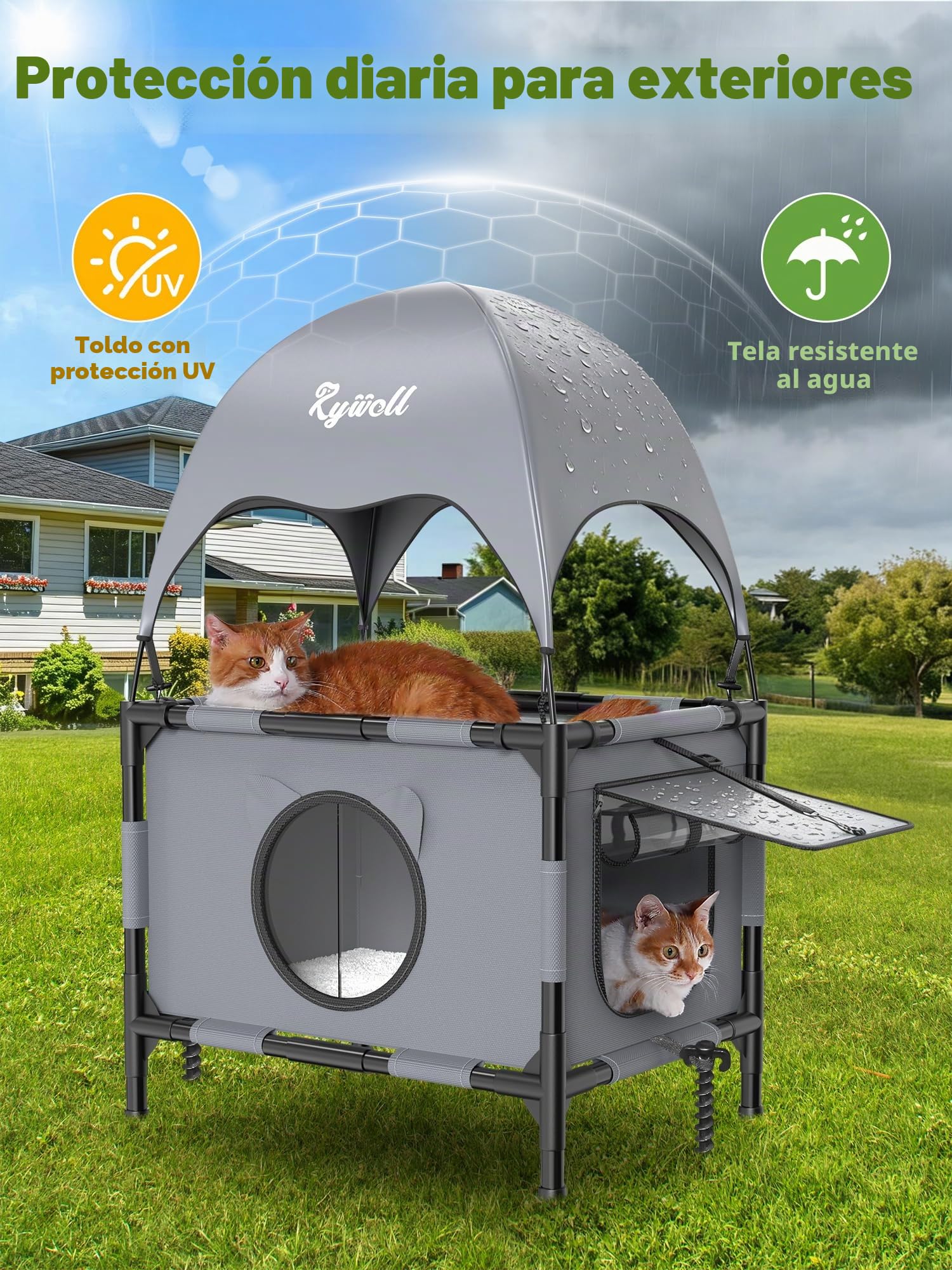 Rywell Casa para Gato de Exterior Elevada con Terraza,61x46x96cm Casa para Gato de Dos Niveles con Dosel, Dos Puertas y Una Alfombra, Adecuada para Hogares con Varios Gatos (Gris)