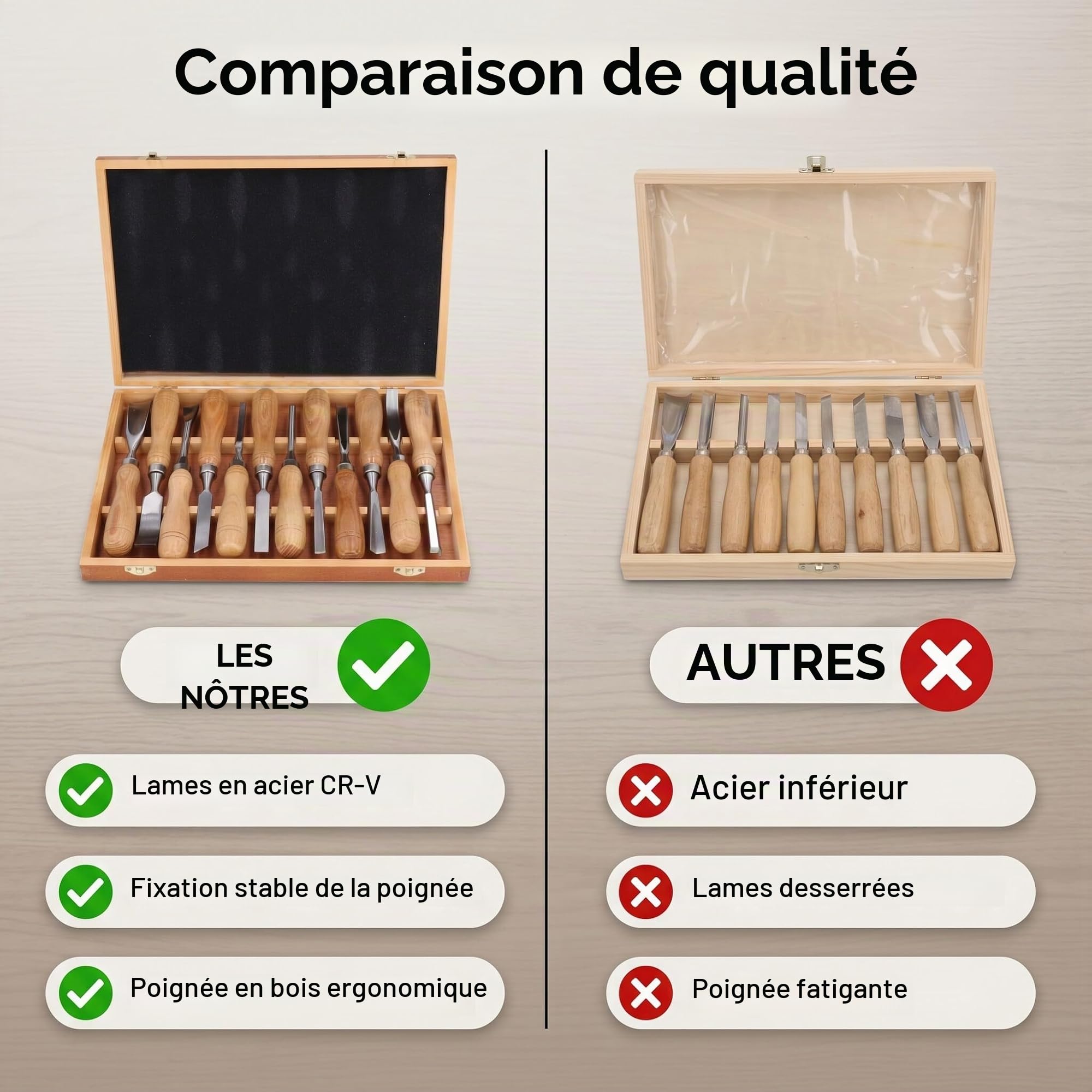 Ciseaux a Bois, Lot de 12 Ciseaux de Sculpture sur Bois avec une Lame CRV et une Poignée en Bois pour Débutants, Sculpteur, Charpentier, Amateur