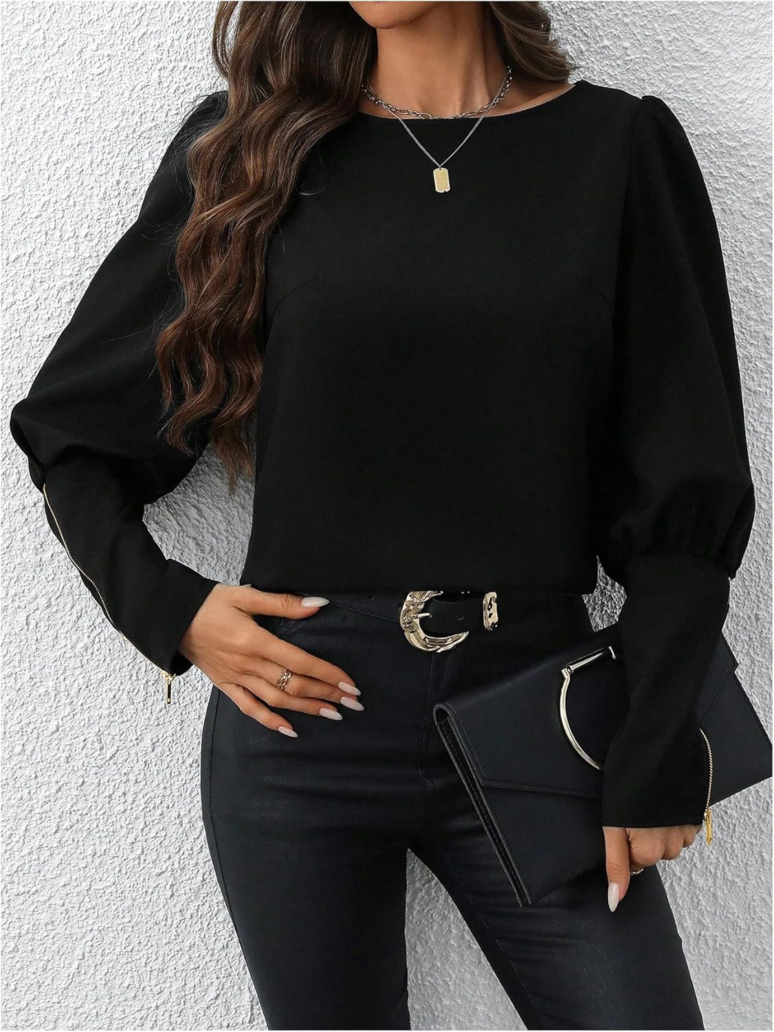 Floerns Women's Puff Sleeve Blouse Tops Crew Neck Zipper Dressy Casual Shirts - Image 5