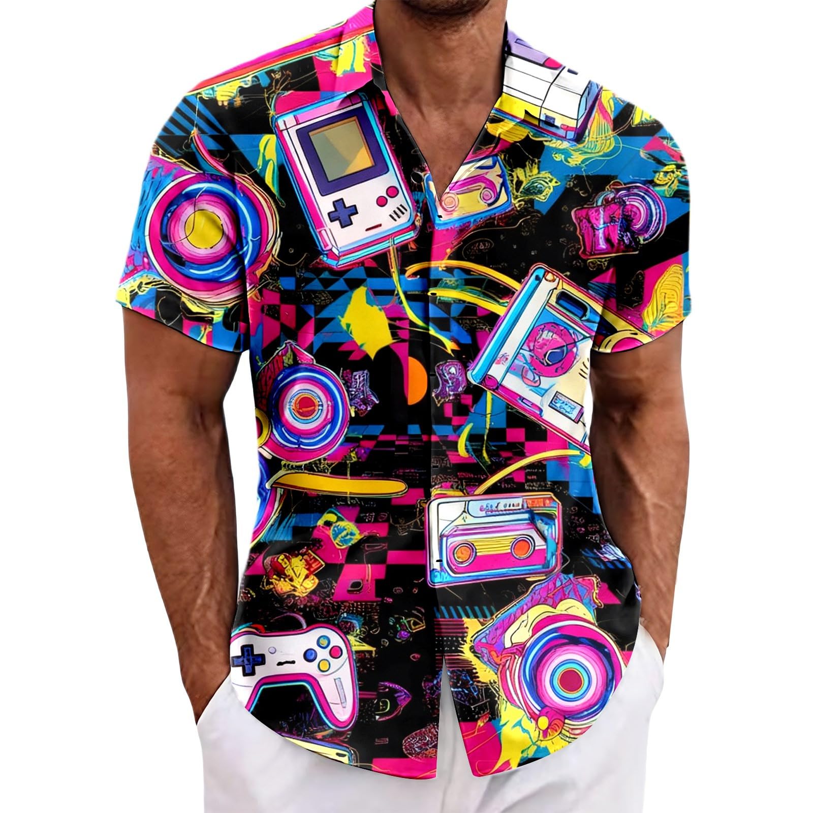 RUMAOZIA Men's Hawaiian Shirt 80s 90s Style Short Sleeve Carnival Fancy Dress Outfit 80s Shirts 90s Button Up Shirt Retro Hawaiian Beach Shirt Neon Disco Funny Party Shirts Colourful Vintage Shirts — image 1