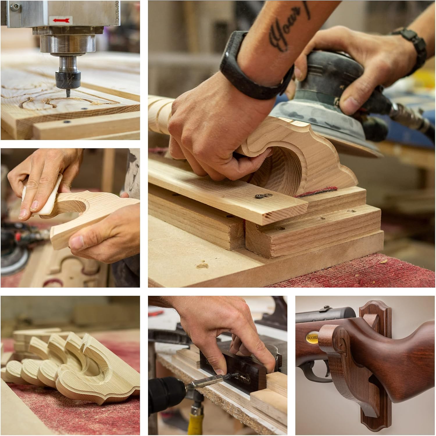 TESLYAR Gun Holder Wall Mount - Forked Rifle Hooks for Shotguns and Rifles, Wooden Gun Rack, Real Hardwood, Set of 2, Brown Finish, Rifle Wall Mount Display