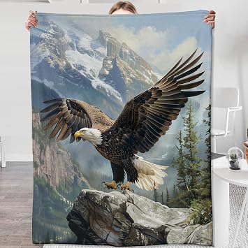 Eagle Gifts Flannel Throw Blanket, Eagle Decor in Forest Cliff Pattern, Soft & Warm for Bed, Sofa, Office - 80" x 60"