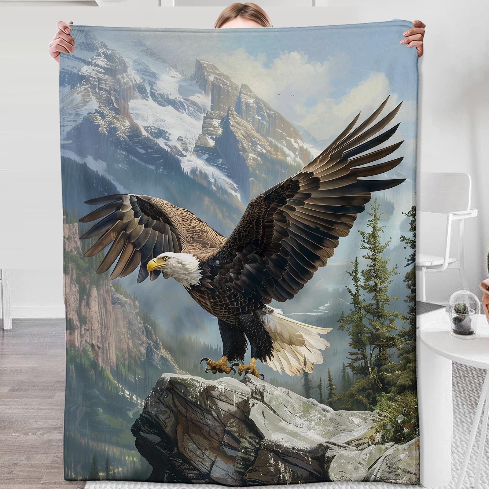 Eagle Gifts Flannel Throw Blanket, Eagle Decor in Forest Cliff Pattern, Soft & Warm for Bed, Sofa, Office - 80
