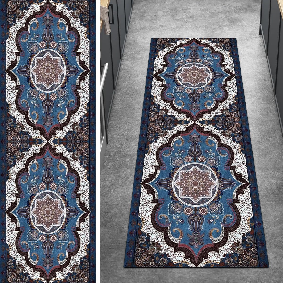Alfombra de pasillo gris azul con diseño vintage antideslizante