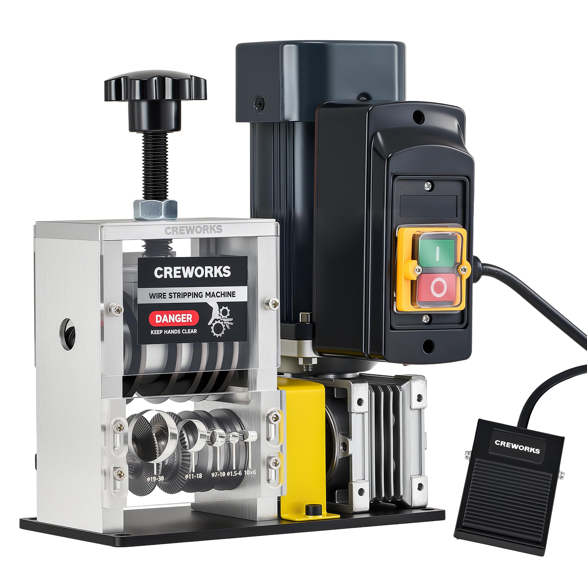 CREWORKS 180W Motor Automatic Wire Stripper Machine, 5 Blade Electric Wire Stripping Machine for 0.06"-1.18" (1.5-30 mm) Scrap Wire with 2 Feed Plates Foot Pedal Switch Sharpening Rod