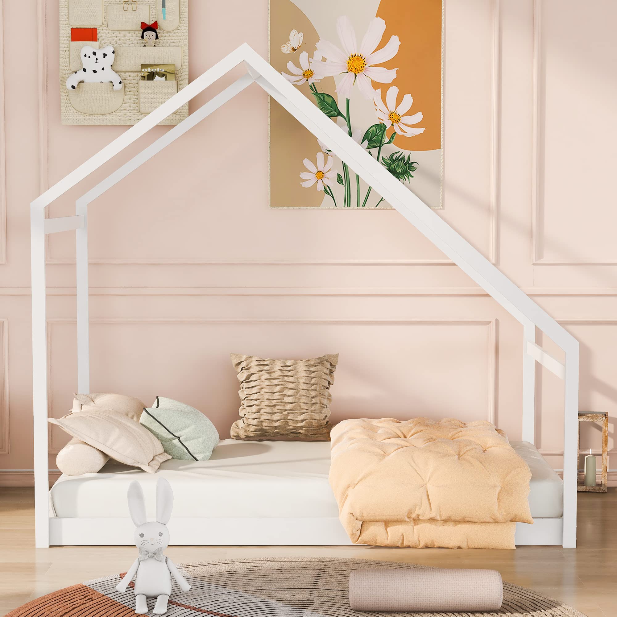 MERITLINE Kids Twin Size House Bed, Wooden Daybed Frame with Roof for Girls, Boys,Teen, Can be Decorated, Need Box Spring Required (Twin,White)