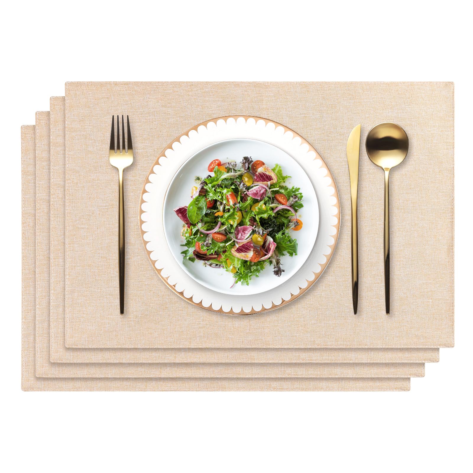 Weldomcor Manteles Individuales de Lino Lavables Salvamantele Individuales Antideslizantes Resistente al Calor Juego de 4 para la Mesa de Comedor de Cocina, 48 x 33 cm (Beige)
