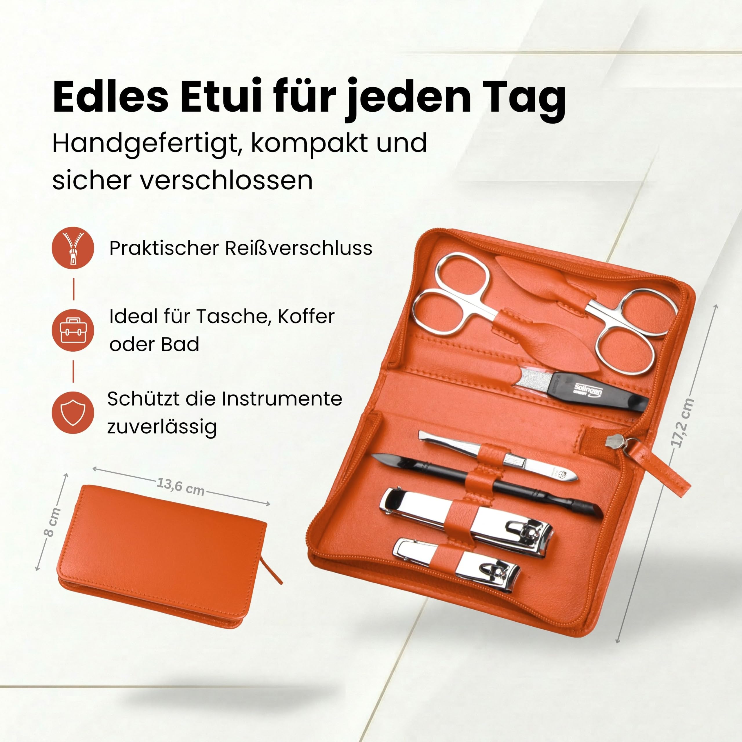Hans Kniebes Maniküre Set 7-teilig Orange – Profi Nagelpflege & Pediküre Set für Damen & Herren – Edelstahl Nagelschere, Nagelknipser & Pinzette – Echtes Nappa Leder Etui – Reise Manikürset