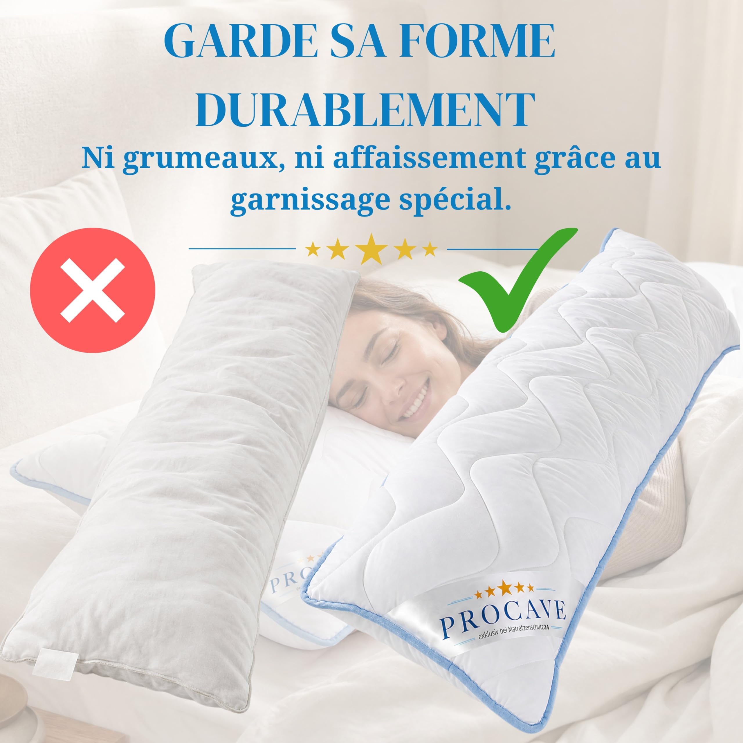 PROCAVE Oreiller pour dormeur latéral, revêtement TopCool, Coussin d’Allaitement Doux, Coussin de maternité Respirant 40x145 cm, fabriqué en Allemagne