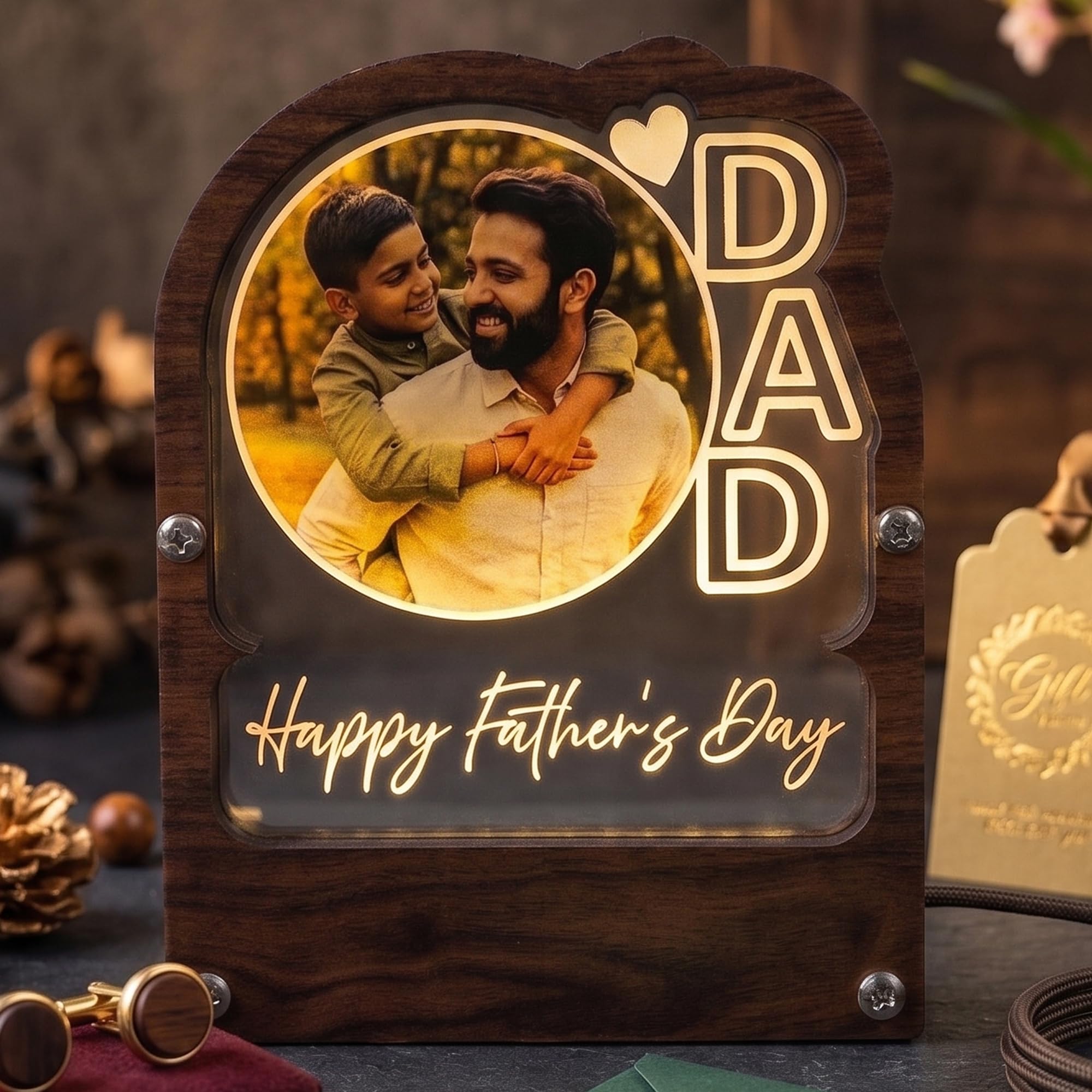 lampees Personalized Father's Day Photo LED Lamp | Custom Wooden Acrylic Night Light with Picture | Unique Gift for Dad from Son/Daughter | USB Powered (200x150mm)-image-42