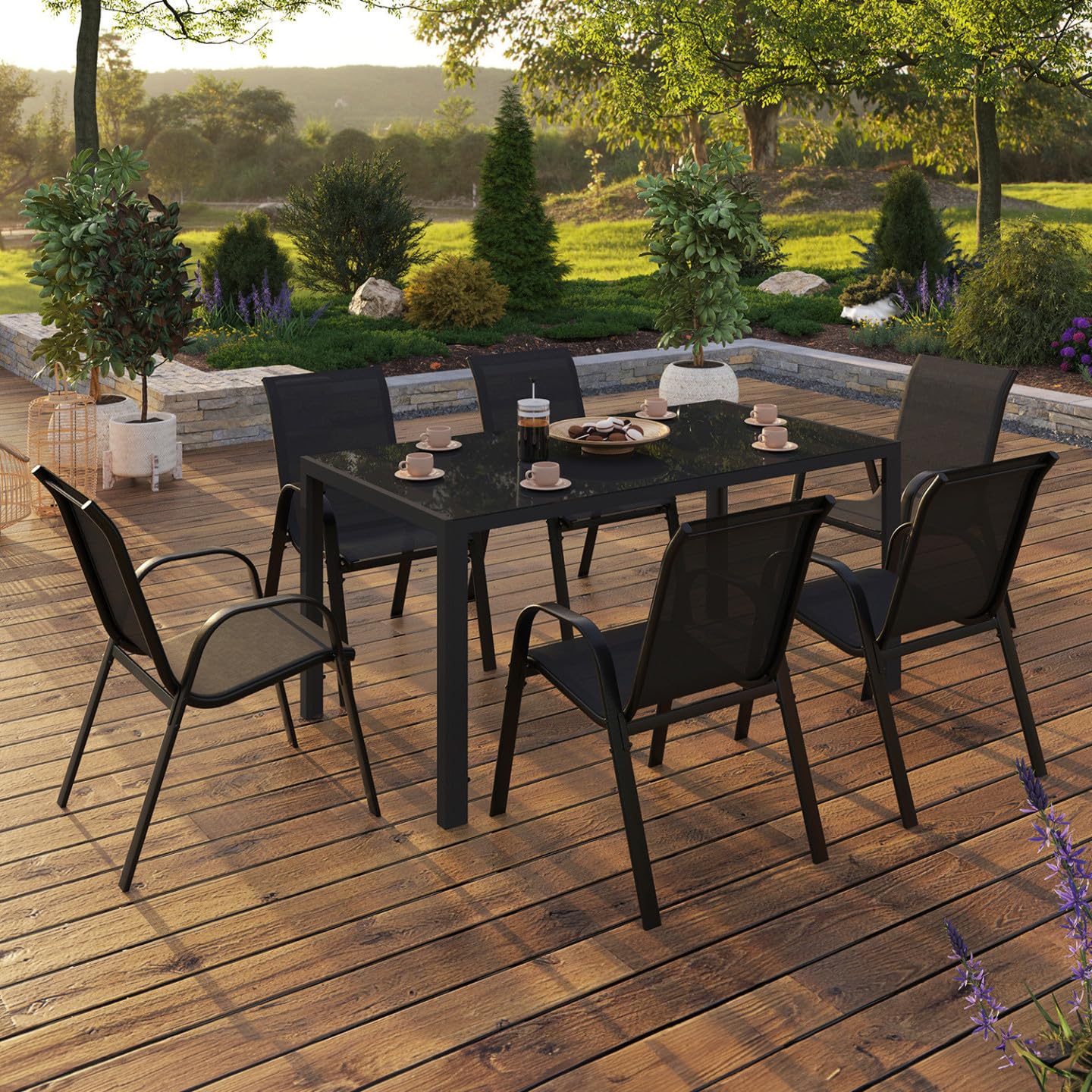 IDMarket - Salón de jardín Madrid Mesa 150 cms y 6 sillas apilables Negro