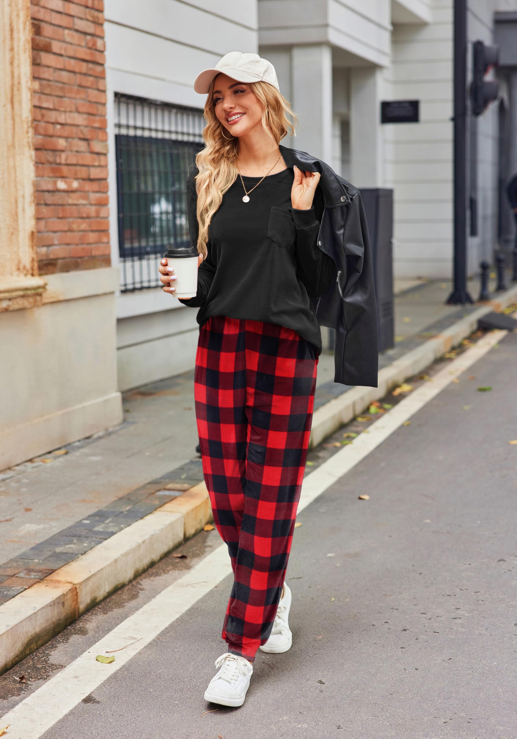 Ekouaer Conjuntos de Pijamas para Mujer Traje de Ocio de Terciopelo con Cuello Redondo Largo Conjunto de Pijama de Invierno Traje de casa Informal Cálido con Bolsillos