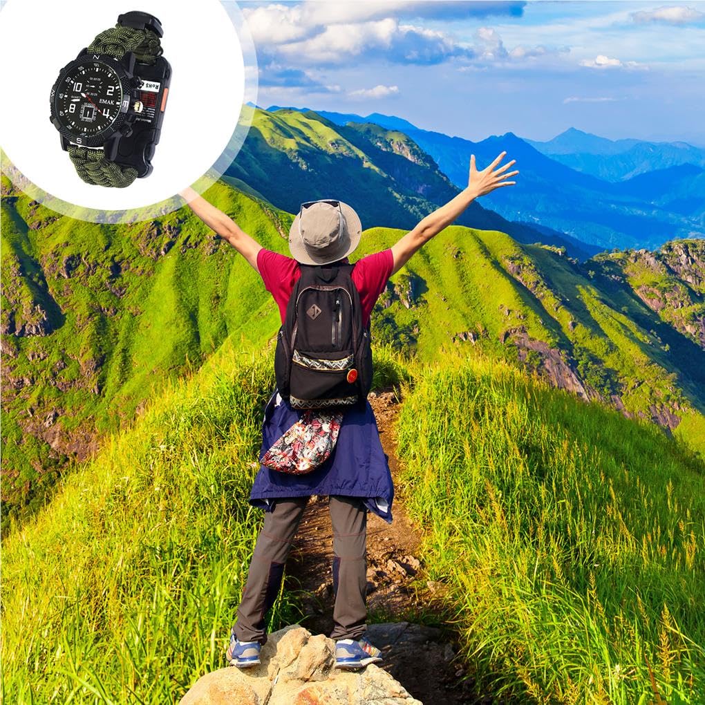 Orologio di sopravvivenza Strumenti da campeggio Attrezzatura da trekking Struttura in lega antiurto Fine Lavorazione multiuso Gadget di emergenza Nero