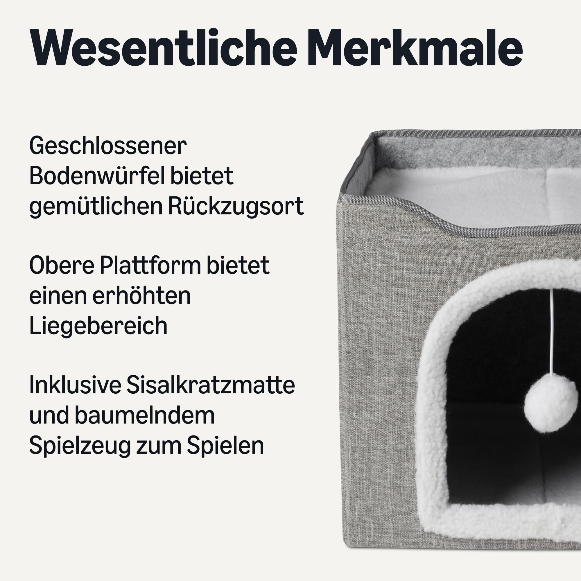 Amazon Basics Katzenhaus 1-Stöckiges Katzenbett für Hauskatzen, Katzenwürfel mit Spielball zum Aufhängen und Kratzmatte, Faltbare Katzenhöhle, 41,9cm x 41,9cm x 33,0cm, Grau