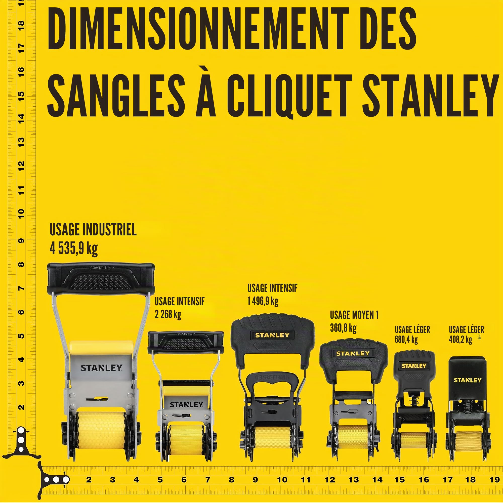 Stanley S1000 Lot de 8 Sangles à cliquet Stanley - 2,5 cm x 3,05 m - pour Transport de Charges légères (résistance à la Rupture de 680 kg) - Noir/Jaune