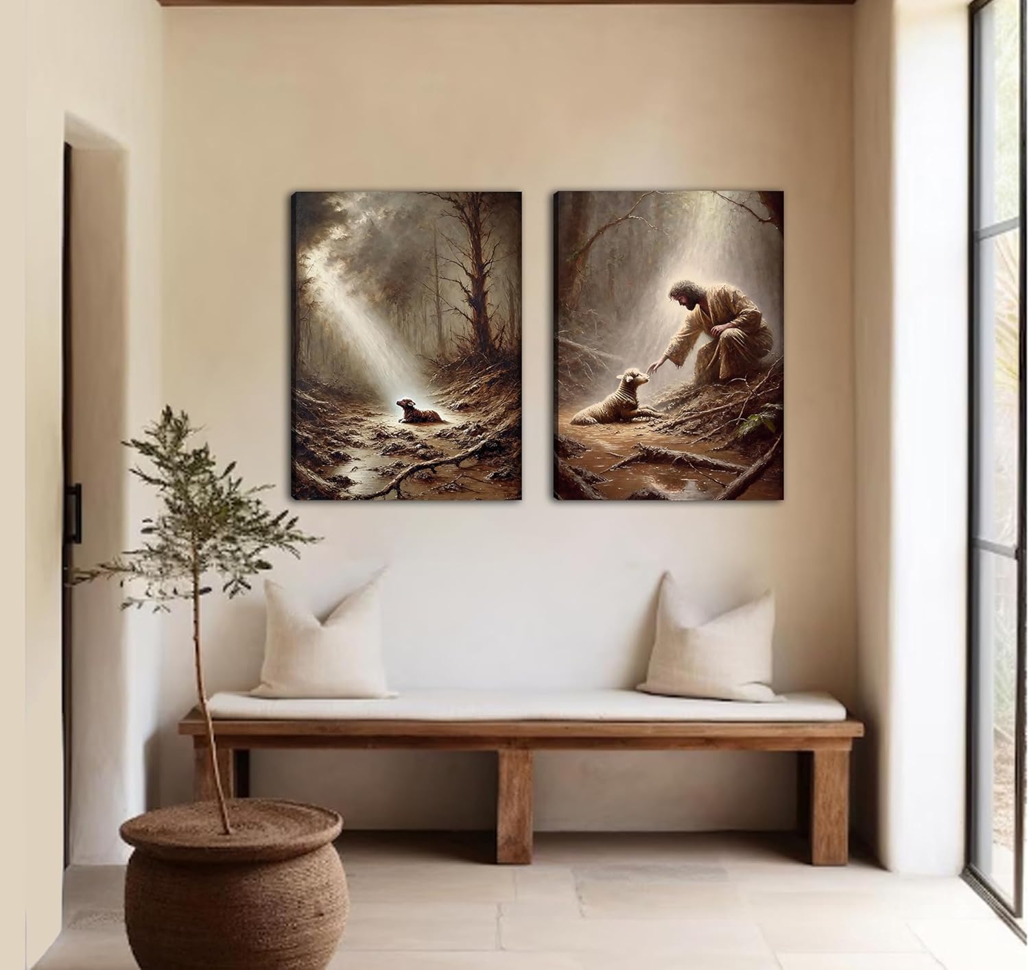 2Pcs Jesus and Lamb Wall Art The Good Shepherd Wall Decor Religious Christian Canvas Painting Jesus Saves the Lost Sheep Poster Prints for Church Bedroom Living Room Home Decoration 16"x24"