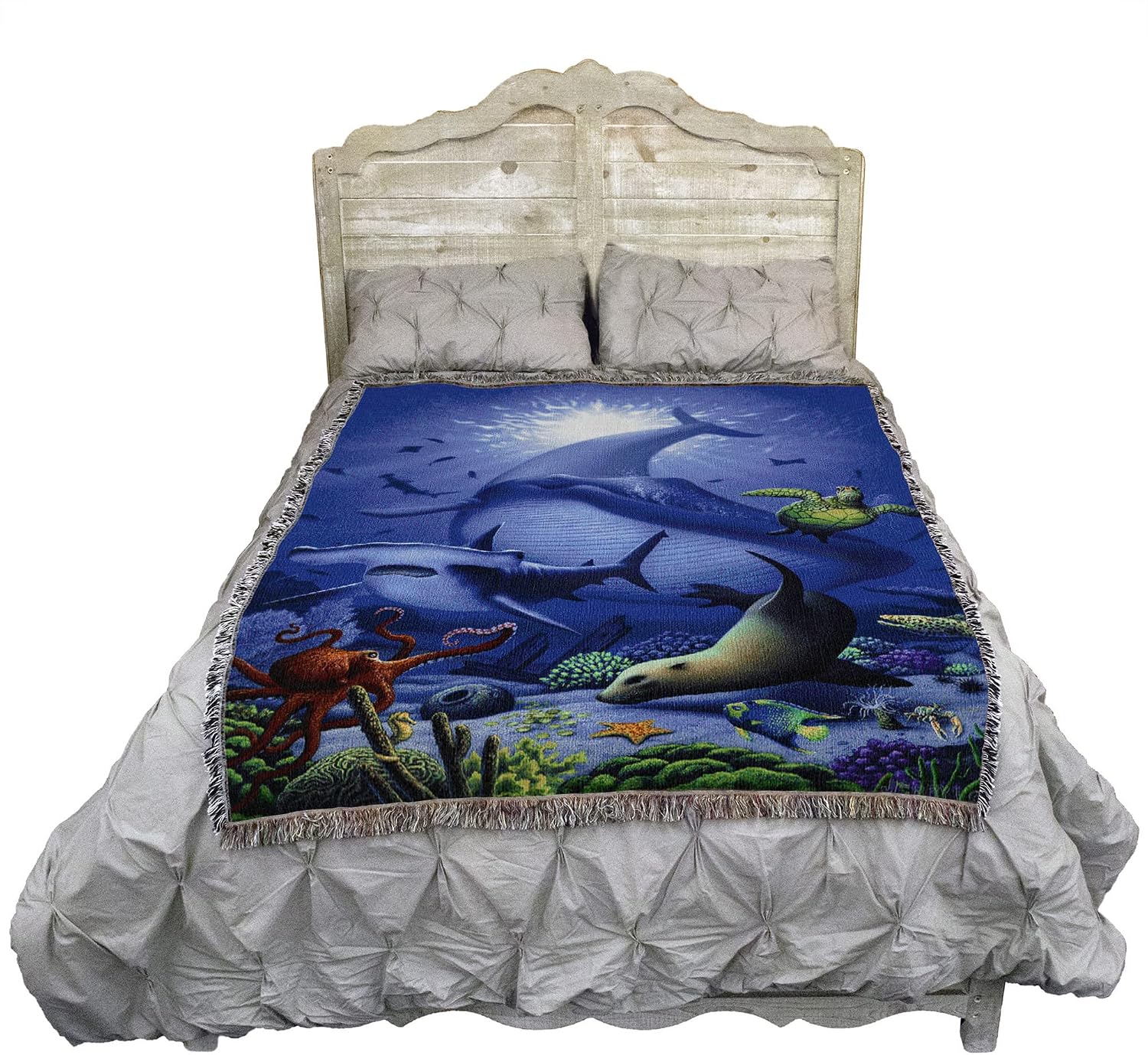 Pure Country Weavers JL Ocean Life Blanket by Jerry LoFaro - Whale Hammerhead Shark Seal Octopus Sea Turtle Gift Tapestry Throw Woven from Cotton - Made in the USA (72x54)