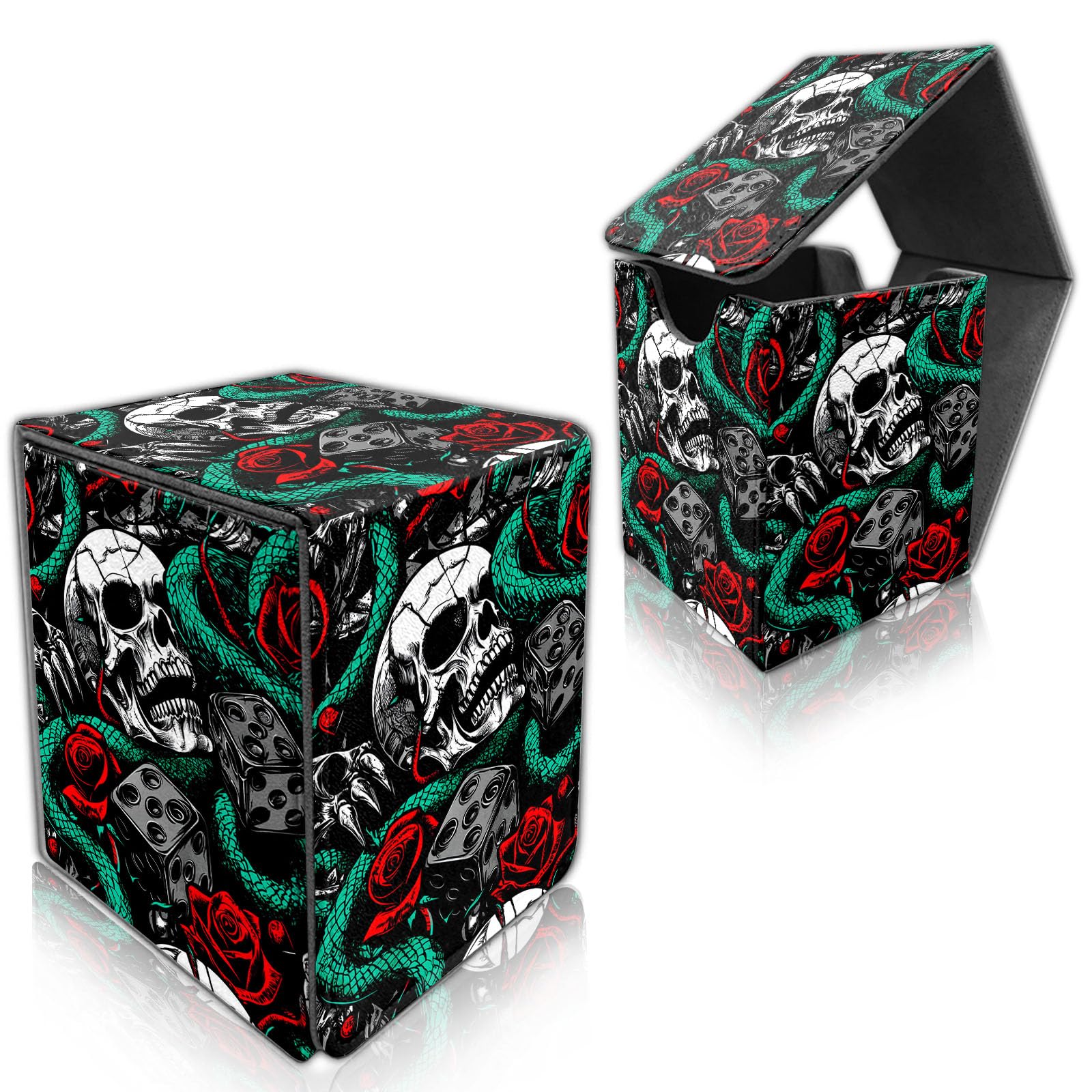DISUOFEART for MTG Deck Box, Trading Card Storage Case Holds 100+ Sleeved Cards, Skulls with Green Snakes Magnetic Closure Durable Deck Holder for Magic The Gathering, TCG & Commander