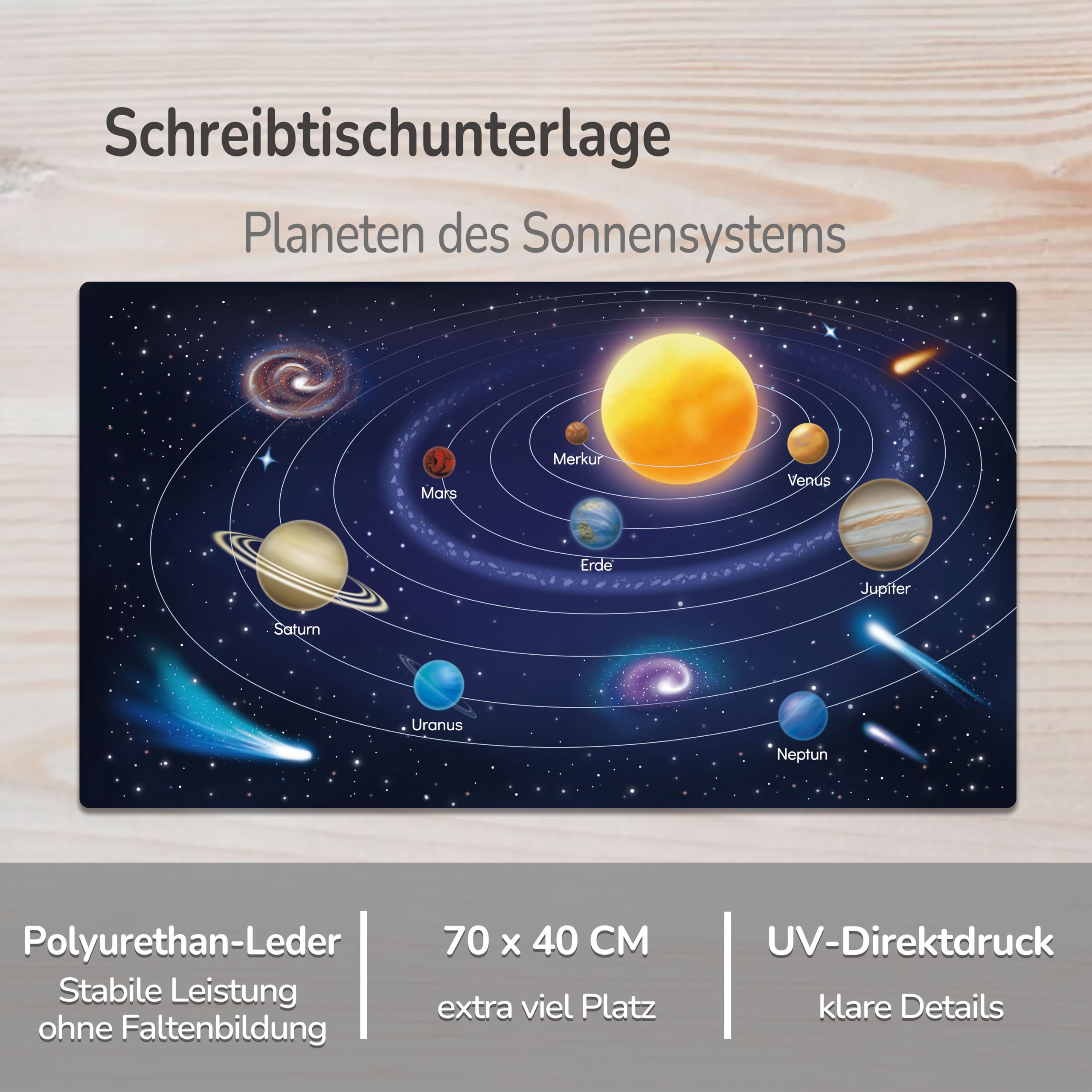 Sottomano da scrivania per bambini – Pianeti del sistema solare – 70 x 40 cm – Sottomano doppio lato in pelle PU – Sottomano lavabile e morbido