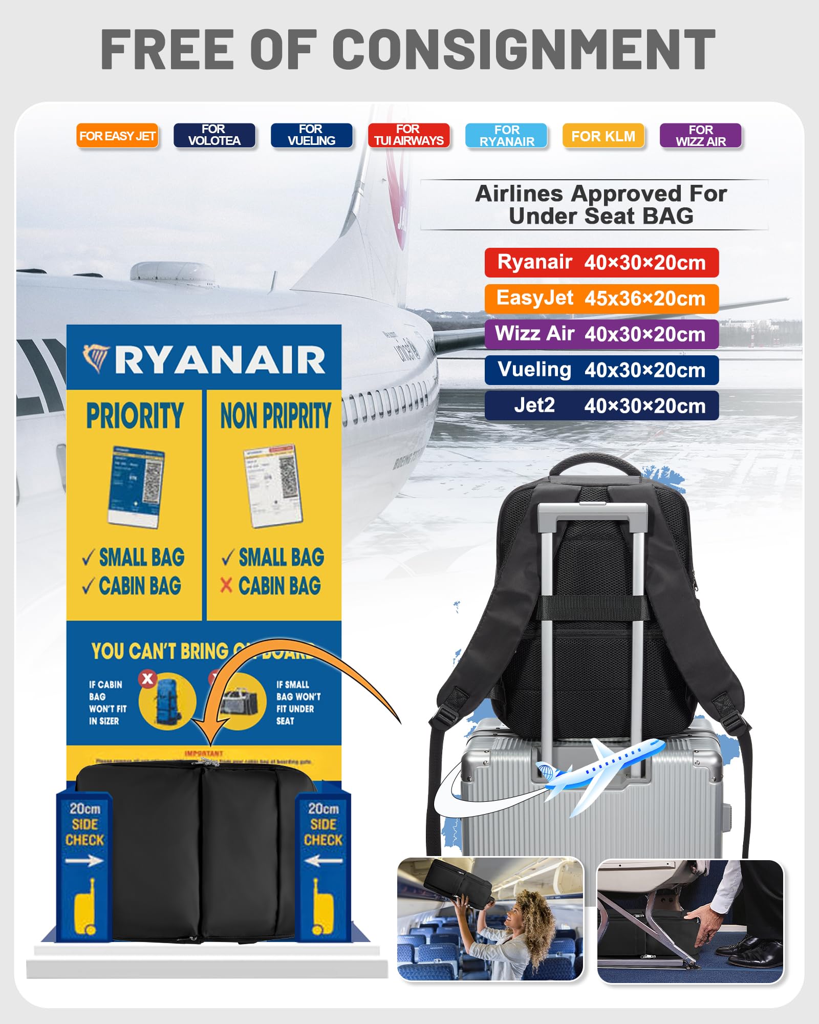 Zaino Ryanair 40x30x20 Sottovuoto con Pompa, Zaino da Viaggio Impermeabile, Bagaglio a Mano 40x30x20, Porta PC 15,6", Uomo Donna, Nero