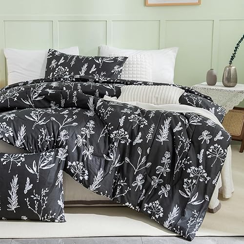 Miniatura 8 de Juego de edredón botánico de 3 piezas de microfibra suave y ligera, 1 edredón y 2 fundas de almohada, tamaño Queen, color negro, tamaño Queen