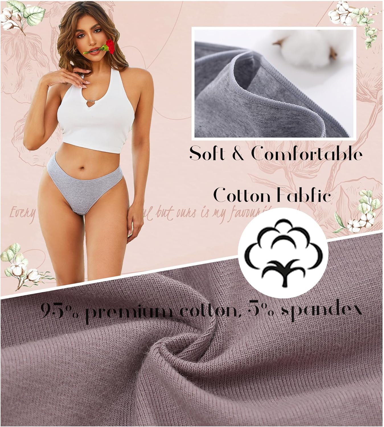 CUTE BYTE Cotton Thongs for Women Sexy Womens Underwear Breathable Stretch Low Rise Ladies Panties 6 Pack XS-XL - Image 6