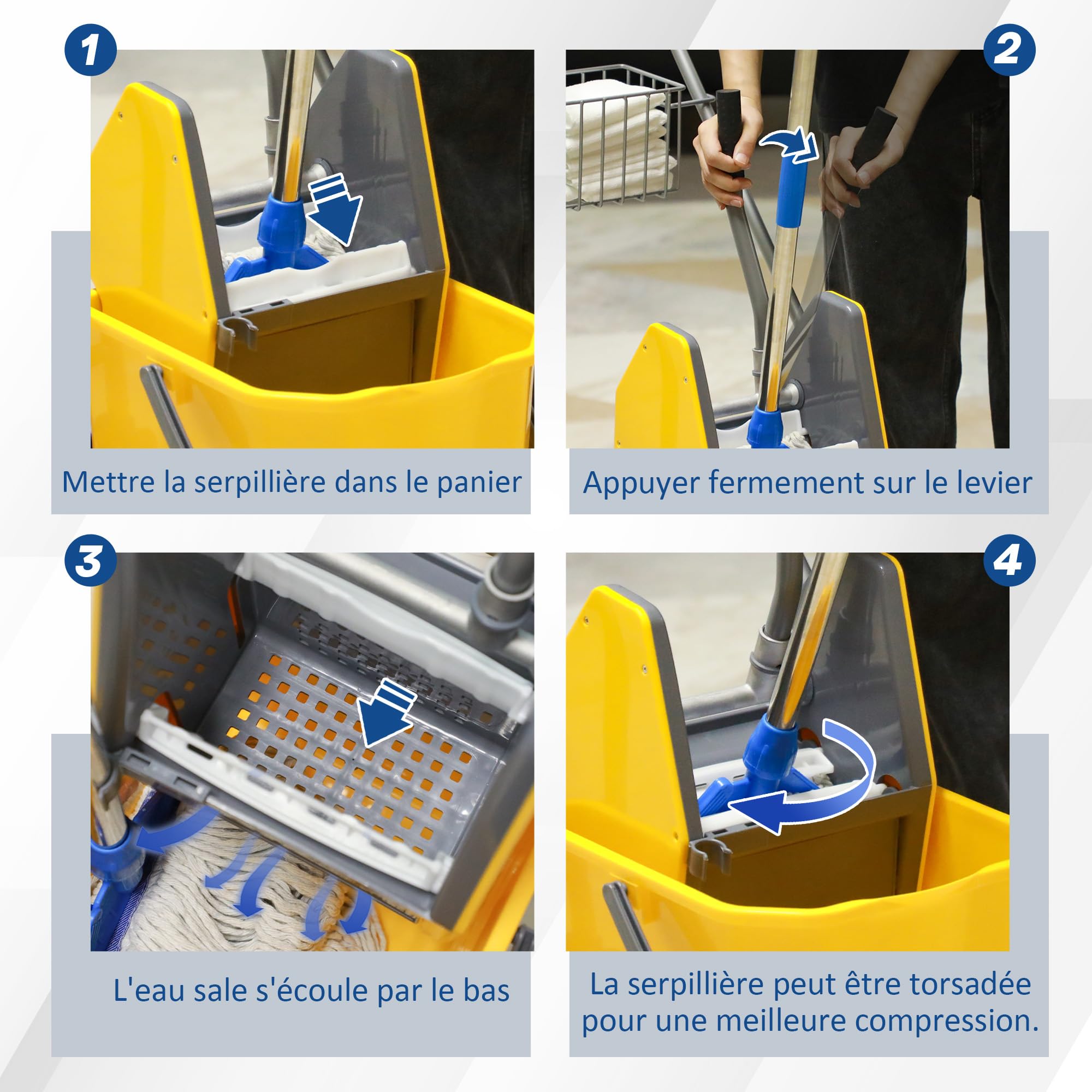 HOMCOM Chariot de ménage Chariot de Lavage Chariot de Nettoyage Professionnel Presse à mâchoire Seau 26 L + Panier de rangements dim. 73L x 45l x 95H cm Jaune