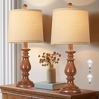QiMH Farmhouse Table Lamp Set of 2, Rustic Table Lamps for Living Room, Vintage Nightstand Lamp with Rotary Switch, Beside Lamps for Bedroom, Traditional Table Lamps with Linen Shade, Wood Grain