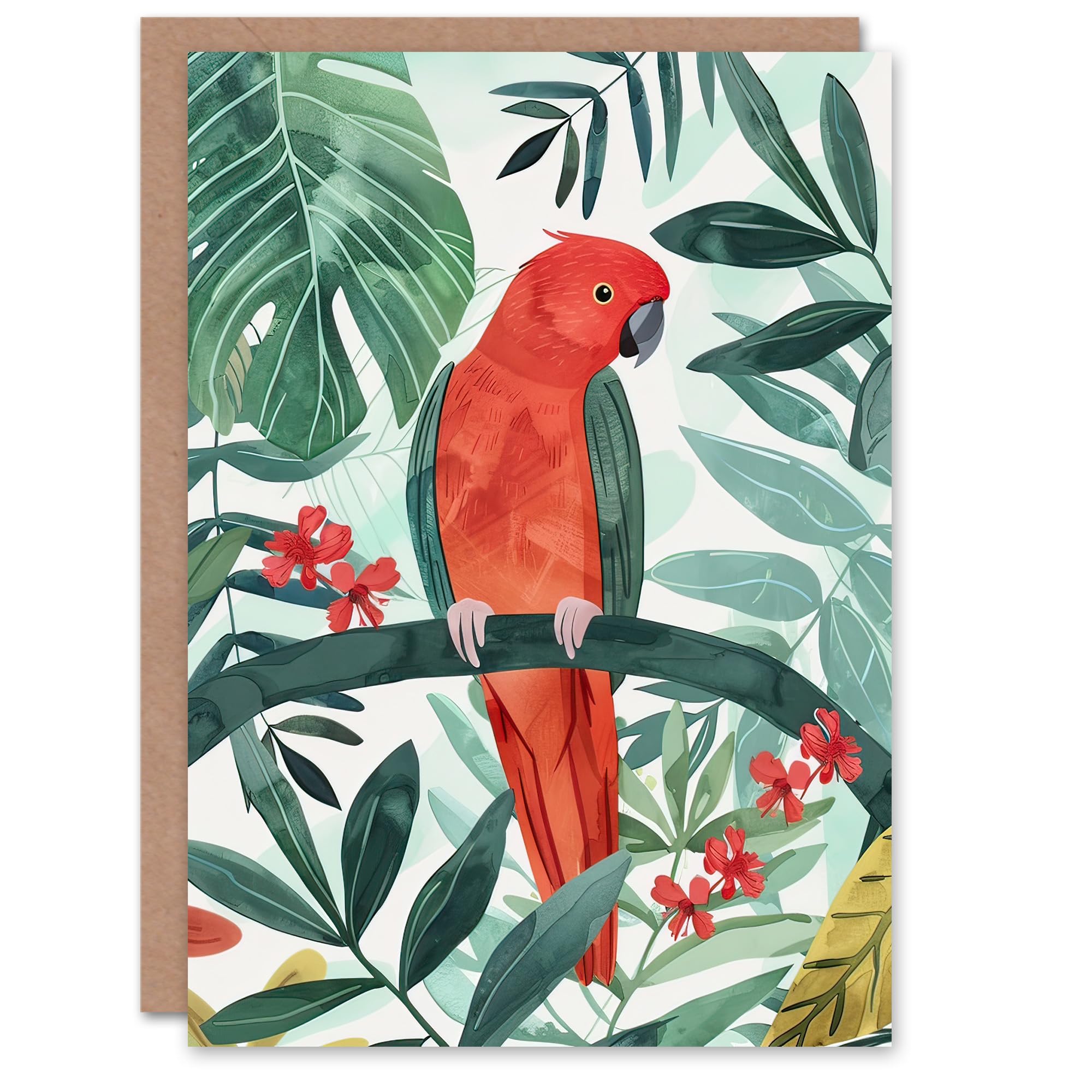 Artery8 Greeting Card Red Parakeet Bird in Tropical Jungle Watercolour Blank For Him Or Her Art Birthday Card
