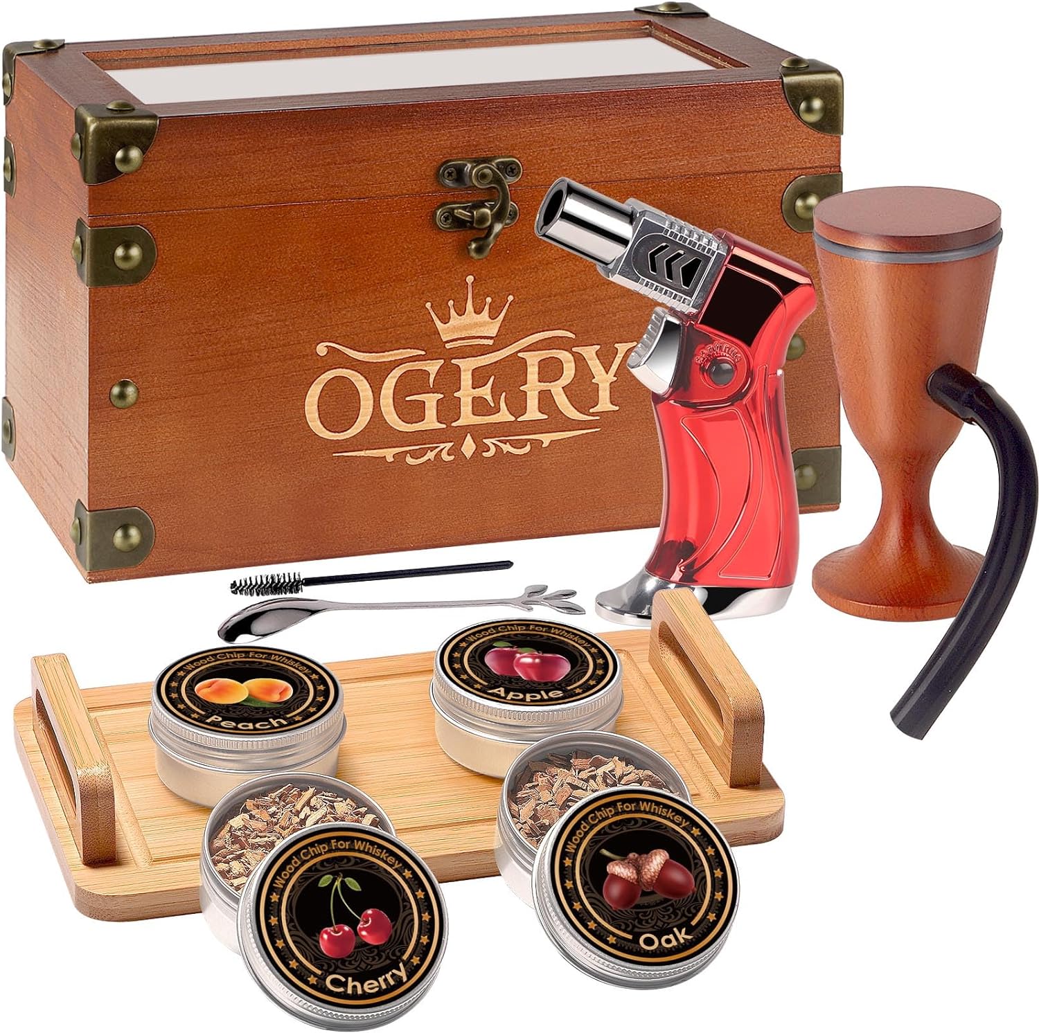 OGERY Cocktail Smoker Kit, Whiskey Smoker Kit with Smoking Gun, Old Fashioned Bourbon Smoker Box and 4 Flavors Wood Chips, Unique Anniversary Birthday Gifts for Men, Dad, Husband (No Butane)