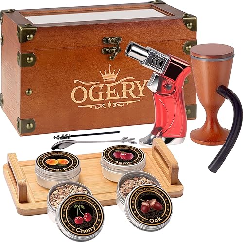OGERY Kit de ahumador de cóctel, kit de ahumador de whisky con pistola de ahumar, caja de ahumador de bourbon a la antigua y chips de madera de 4