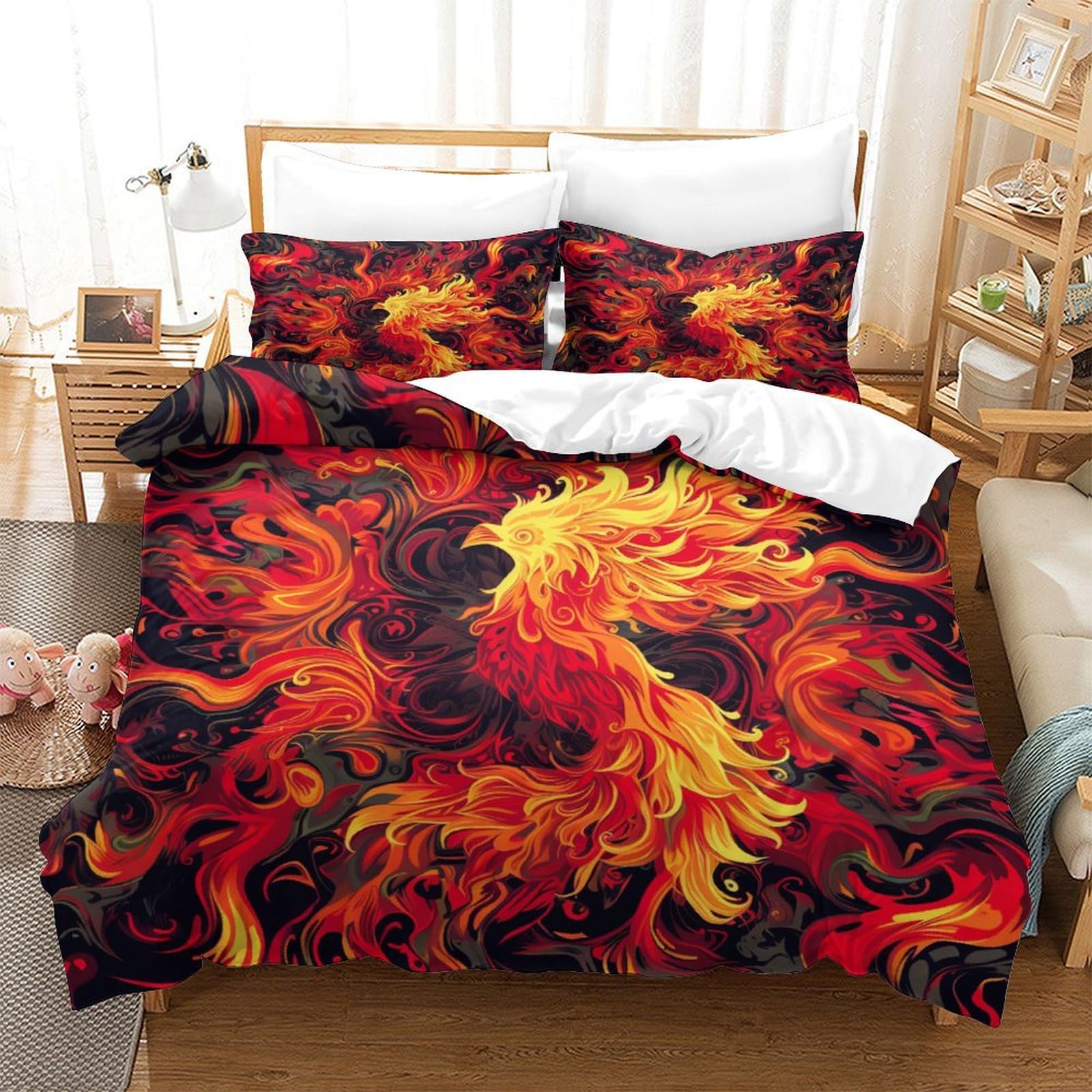 P1S9U7W5Y Dynamic Flames 3D Printed Phoenix Duvet Cover Set 3 Pieces Microfiber Bedroom Decor Phoenix Bedding Set for Adults Teens Super king（260x220cm）