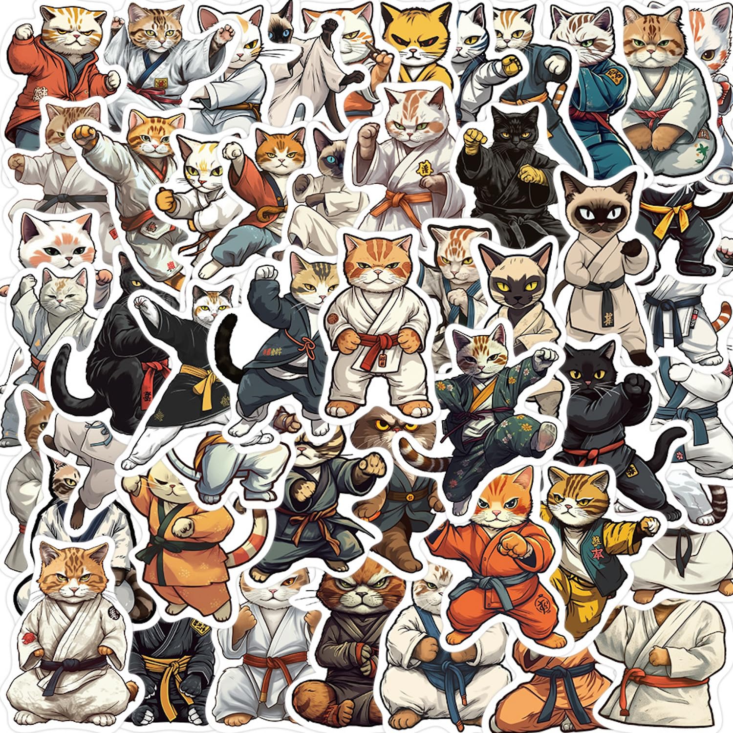 Kung Fu Cat Stickers 50 Pcs - Karate Stickers for Kids, Boys, Teens - Cool Black Cat Vinyl Stickers for Water Bottles, Fridge, Bedroom, Bikes - Funny Cat Meme Stickers