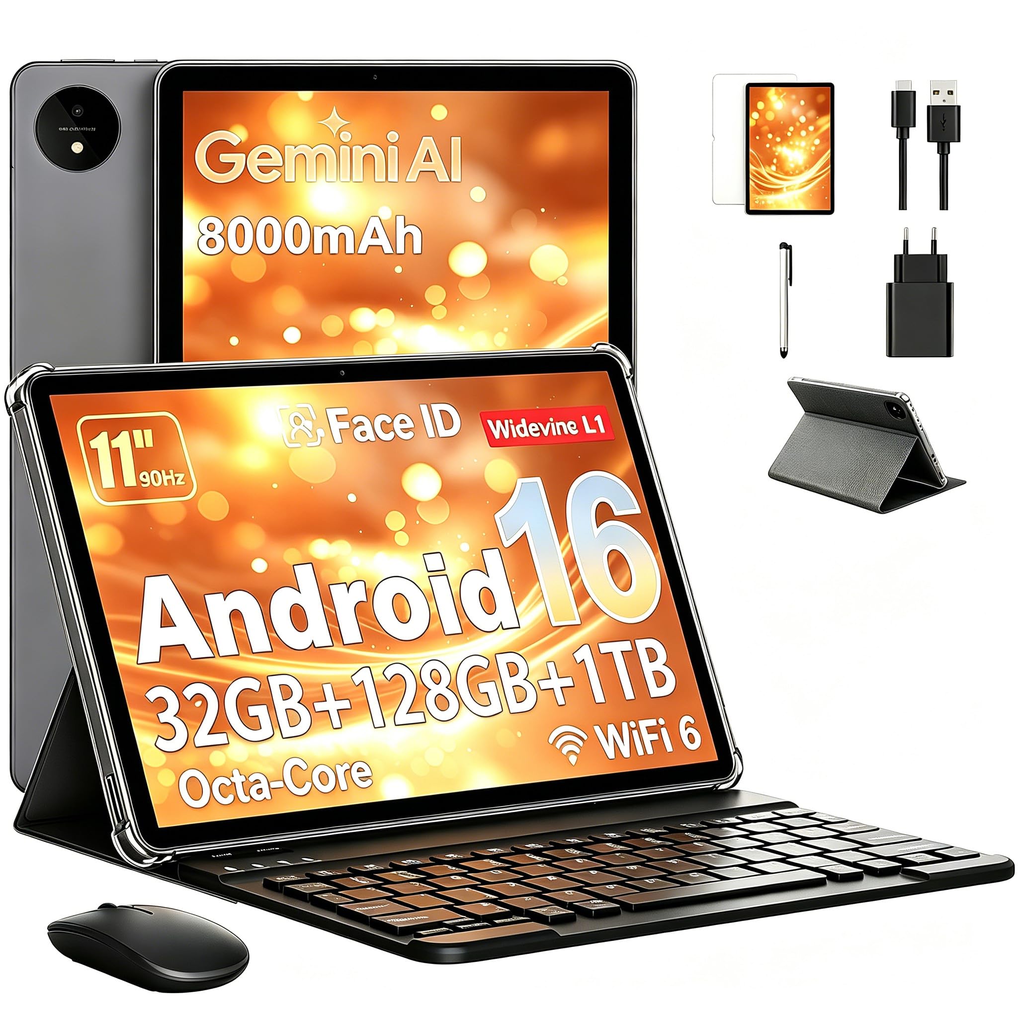 Tablette 11 Pouces avec Gemini AI, Tablettes Android 16 avec Coque, Souris & Clavier, Octa-Core, 32 GO RAM + 128 GO ROM + 1 TO TF, 1920x1200 Écran HD, 90 Hz, Caméra Double 8MP + 16MP, 8000 mAh (Gris)