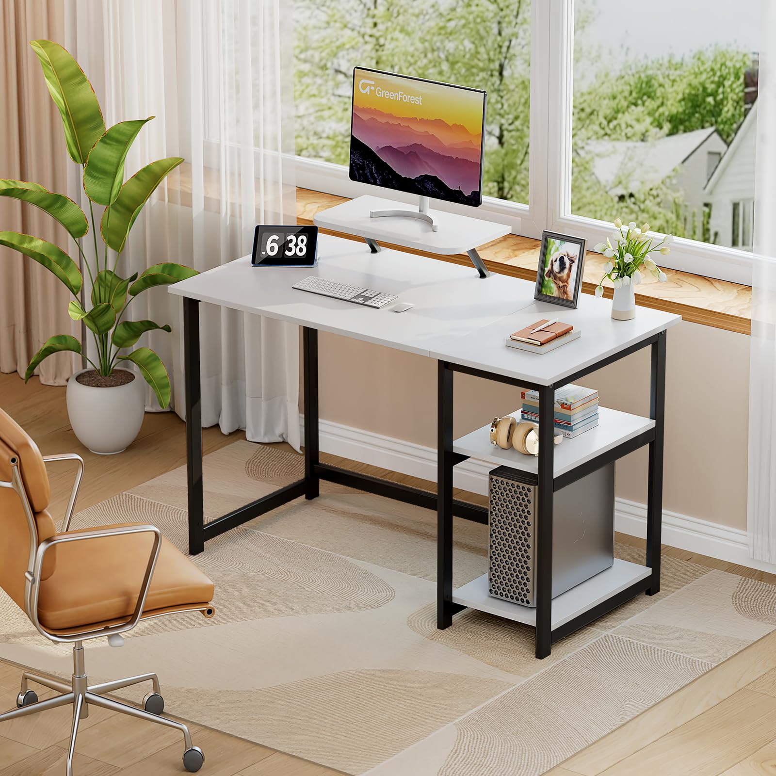 GreenForest Computer Home Office Schreibtisch mit reversiblen Speicherregalen 100cm Kleiner mit justierbaren Regalen für kleine Räume,Schlafzimmer,Student, moderner PC Laptop Tisch,weiß