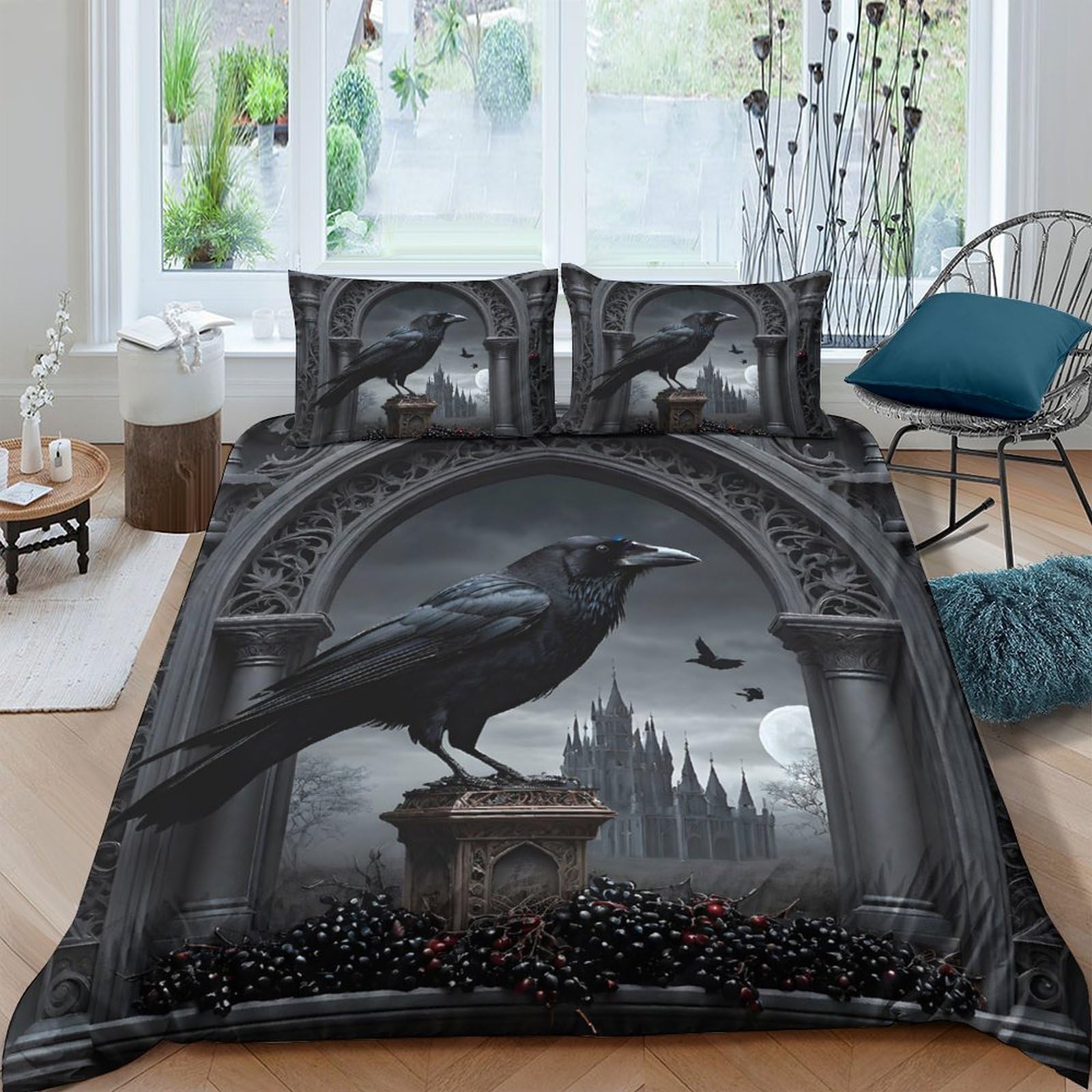 Ctjqhvkz Style-5 3D Printed Gothic Raven Fitted Sheet Microfiber Soft Dark Castle Bed Cover For Bedroom Dorm Mattress Protection Decor Single（135X200cm）