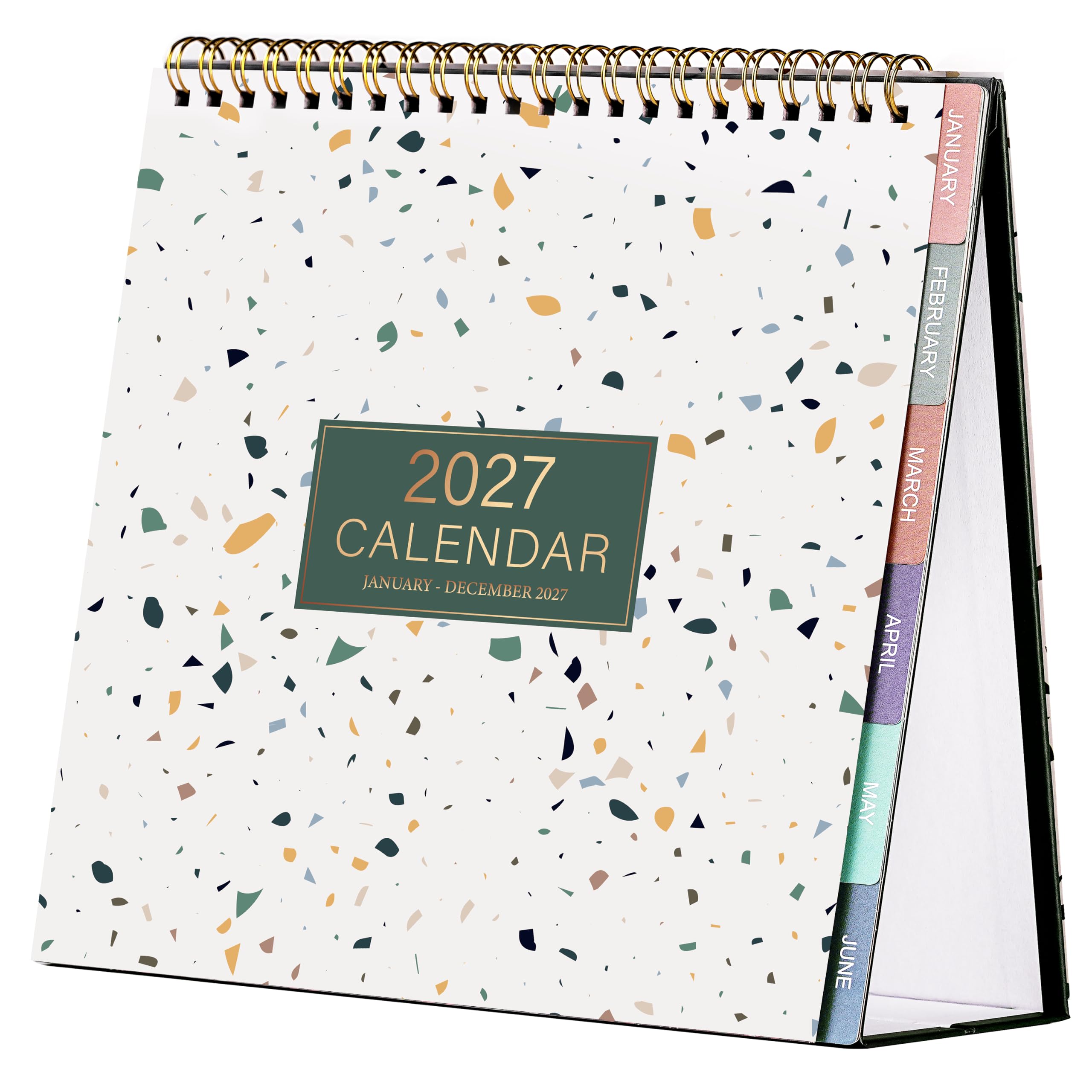 2027 Calendar - Desktop Calendar 2027 UK, from January to December 2027, Stand Up Desk Calendar 2027 with Memo Pages, 12 Monthly Tabs, Notes, Holidays, 20.5 x 21.7 cm - Terrazzo Design