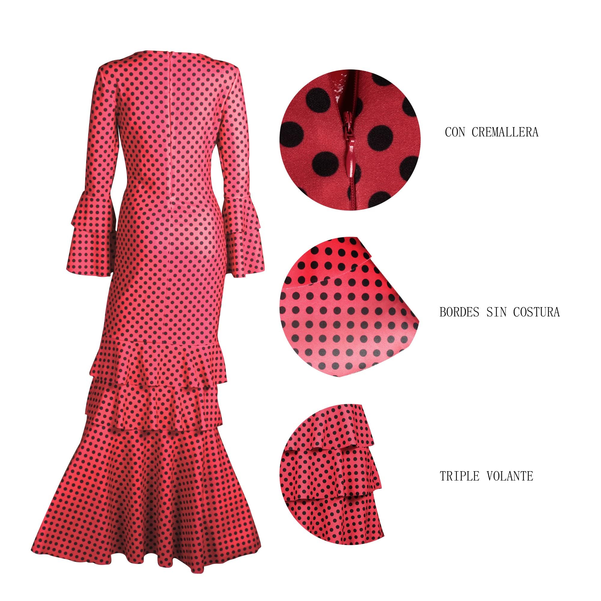 Vestido sevilliana Disfraz de Flamenca para Mujer, Traje de Sevillana Gitana Andaluz con Lunares Ideal para Feria de Abril y Carnaval