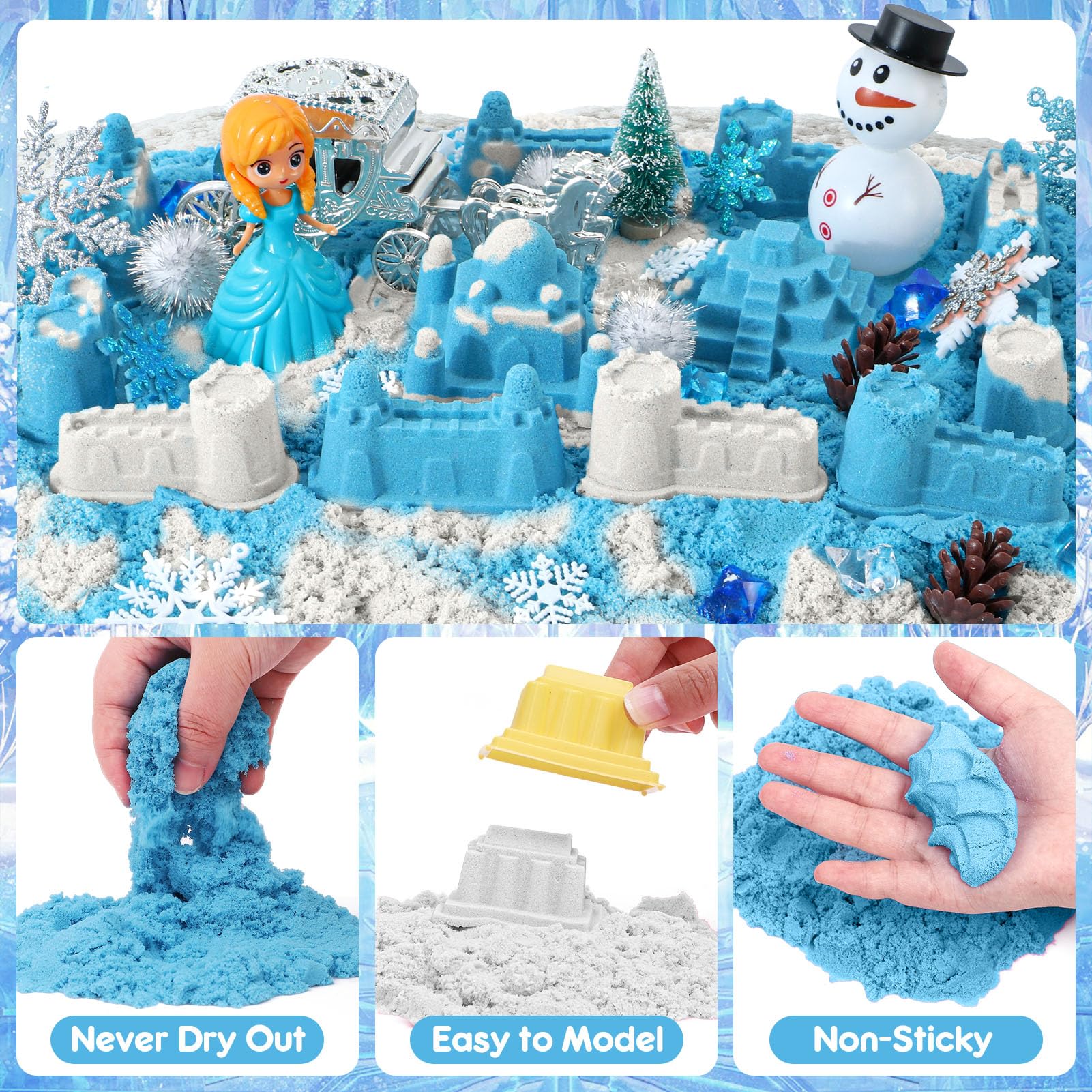 Vamei Sable Magique, Frozen Bac à Sable Magique avec 900g Coloré Sable, Chateau, Jouet Reine des Neiges, Jouets Sensoriels Jouets de Sable Cadeau Reine des Neiges pour Enfant Garçon Fille 3 4 5 6 Ans