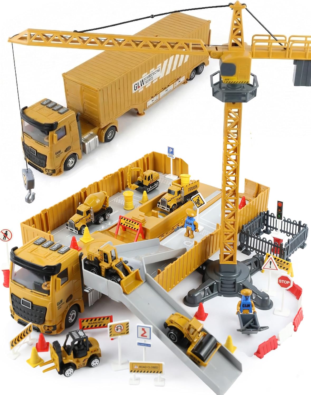 Kids Construction Truck Vehicles Toys 3 Set, Inertial Driving Metal Semi Truck Trailer and Diecast Excavator Bulldozer with Lights Sounds and Movable Parts Learning Toys Gift for Boys