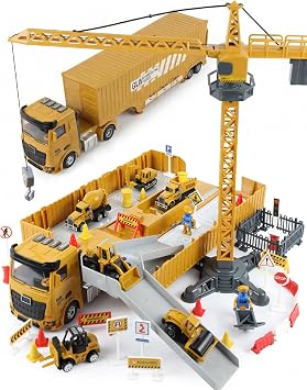 Kids Construction Truck Vehicles Toys 8 Set, Inertial Driving Semi-Trailer Carrier with 6Pcs Mini Diecast Construction Cars, Excavator Bulldozer Froklift Concrete Mixe Toys Gift for Boys