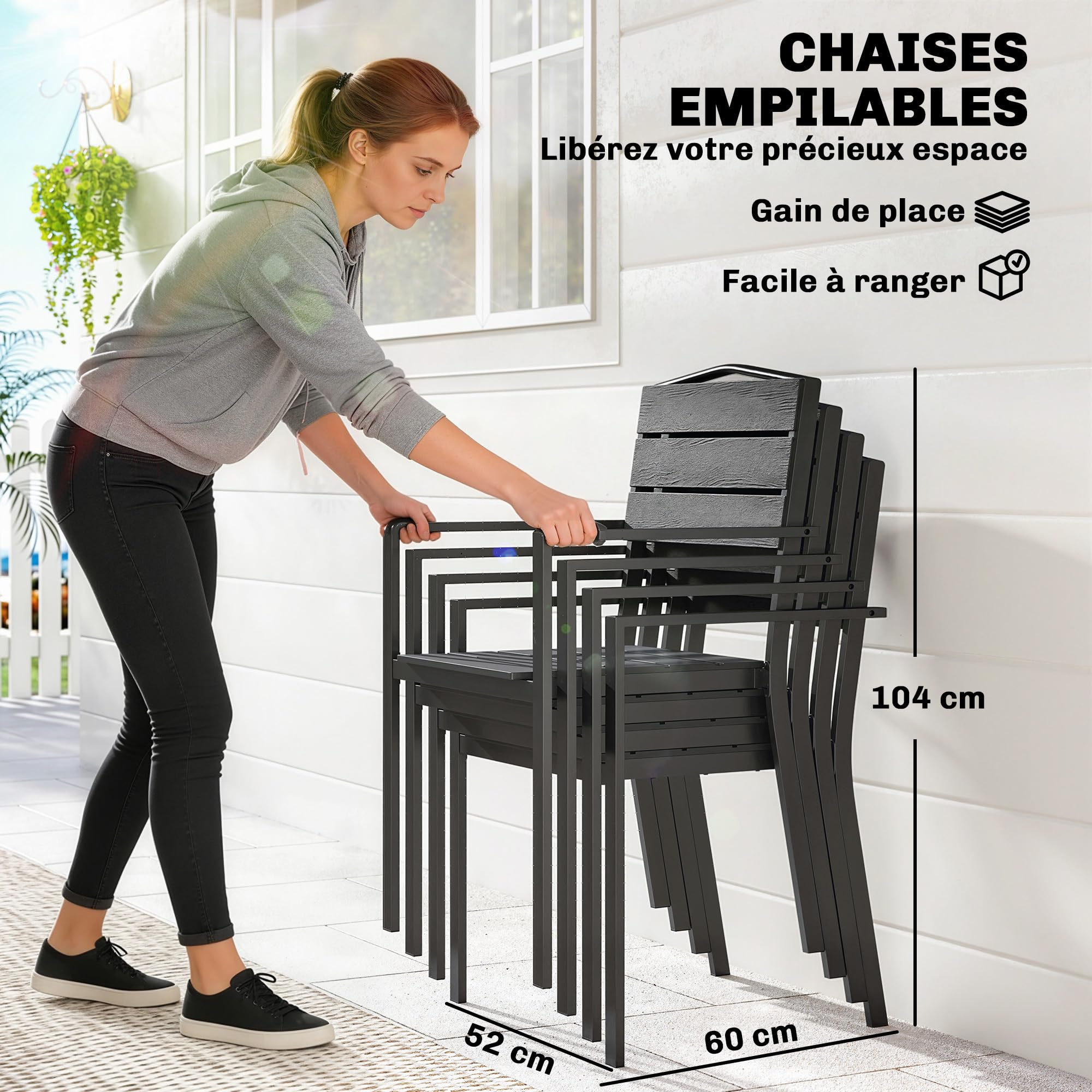 Outsunny Lot de 4 Chaises de Jardin Chaises de Salle à Manger Empilables - HDPE Effet Bois avec Accoudoirs Résistant aux Intempéries - Fauteuils Extérieurs pour Terrasse Balcon Repas Plein Air, Noir