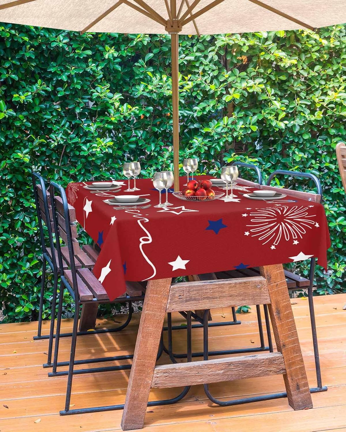 4th of July America White Blue Star Outdoor Rectangle Tablecloth Zippered Table Cover with Umbrella Hole,Stripe Celebration on Red Waterproof Table Cloths for Patio Garden Picnic Tables,60x84in