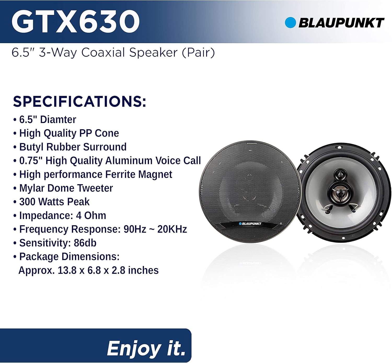 Blaupunkt GTX630 GTX Series GTX630 6.5-in. 300-Watt-Peak 3-Way Coaxial Speakers, Black : Electronics