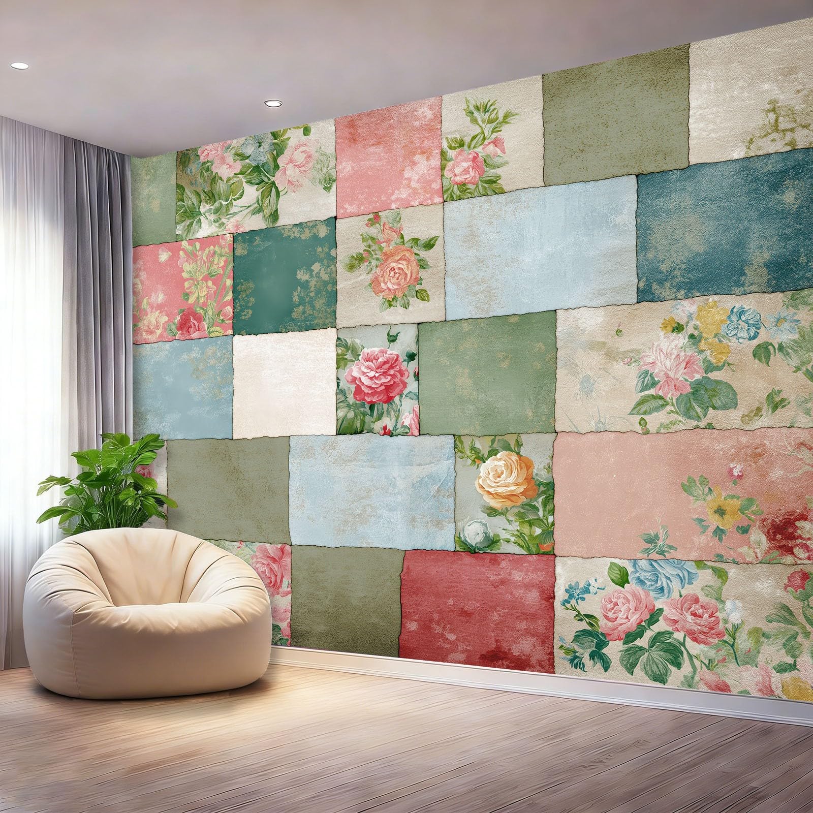 Tapeta fototapeta retro, wiejski wzór kwiatowy, patchwork, tapeta ścienna, salon, sypialnia, biuro, korytarz, kolorowa tapeta na fizelinie, tapeta ścienna, dekoracja ścienna, 350 x 256 cm