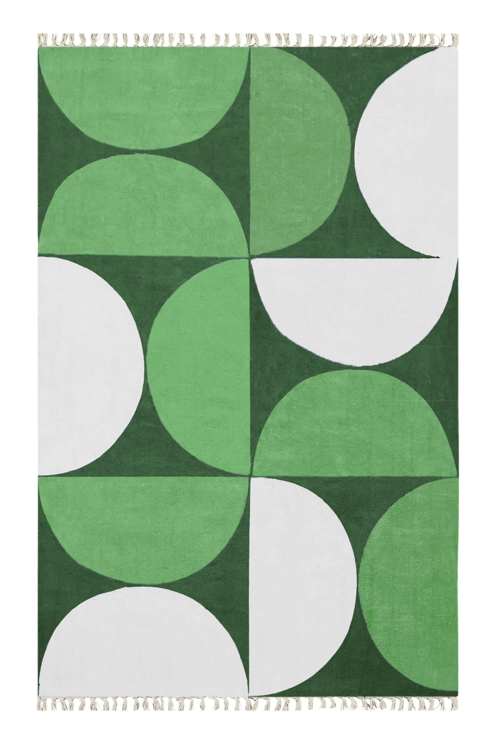 Tappeto 2 x 3 kilim a forma di mezza luna, in cotone stampato, motivo geometrico bianco e verde, facile da lavare, spesso 0,5 cm, lavaggio a mano, per interni ed esterni, per cucina, comodino